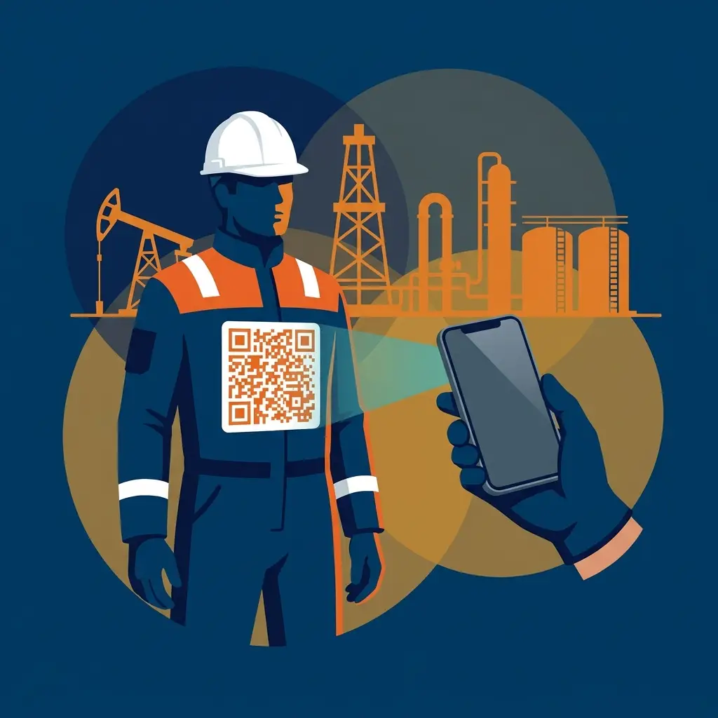 Проверяющий сканирует телефоном QR-код на спецодежде работника
